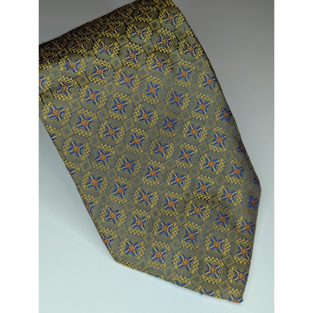 Silk House London Mens Silk Tie Gold Blue Geometric Medallion Made in England
